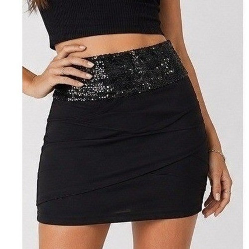 Twenty One Bandage Mini Skirt L Black Sequin Homecoming Dark Glam Indie Sleaze